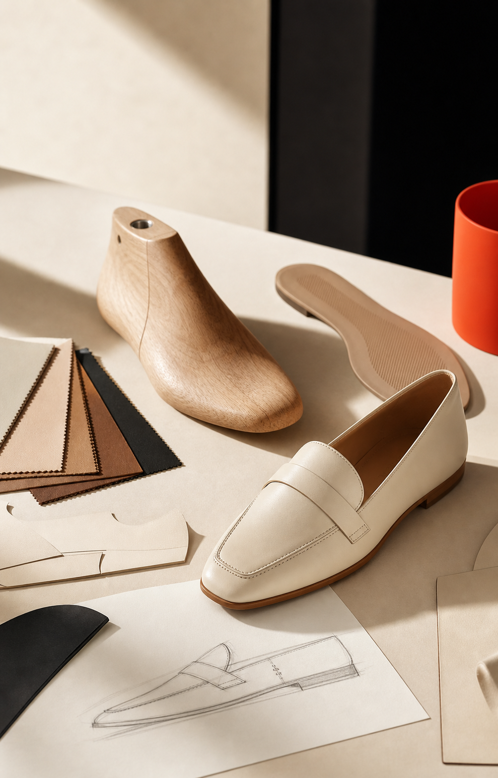 Loafer prototype, shoe last and material swatches